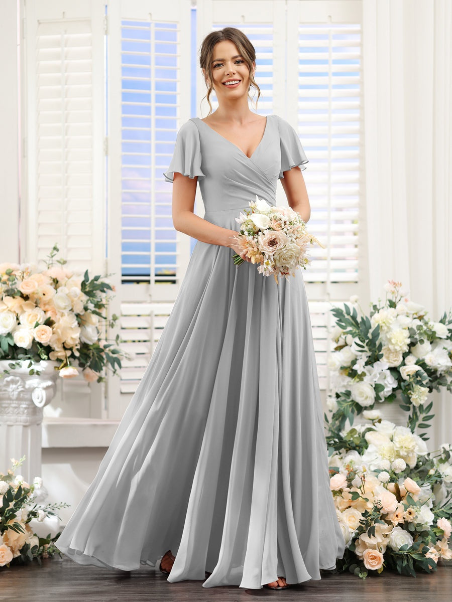 A-Line/Princess V-Neck Short Sleeves Bridesmaid Dresses with Split Sid - Mondressy A-Line/Princess V-Neck Short Sleeves Bridesmaid Dresses with Split Sid - Mondressy