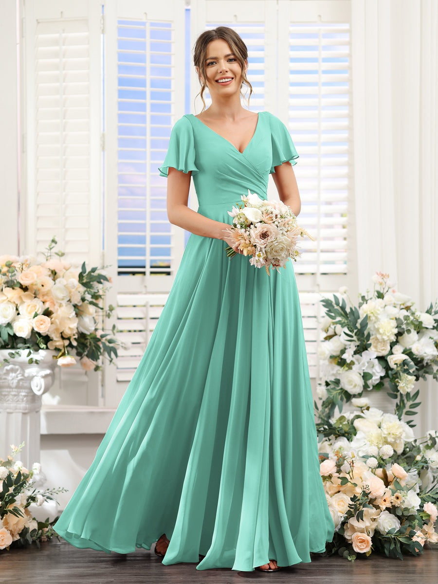 A-Line/Princess V-Neck Short Sleeves Bridesmaid Dresses with Split Sid - Mondressy A-Line/Princess V-Neck Short Sleeves Bridesmaid Dresses with Split Sid - Mondressy