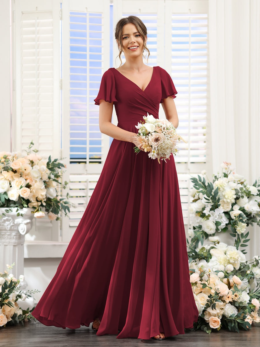 A-Line/Princess V-Neck Short Sleeves Bridesmaid Dresses with Split Side & Ruched