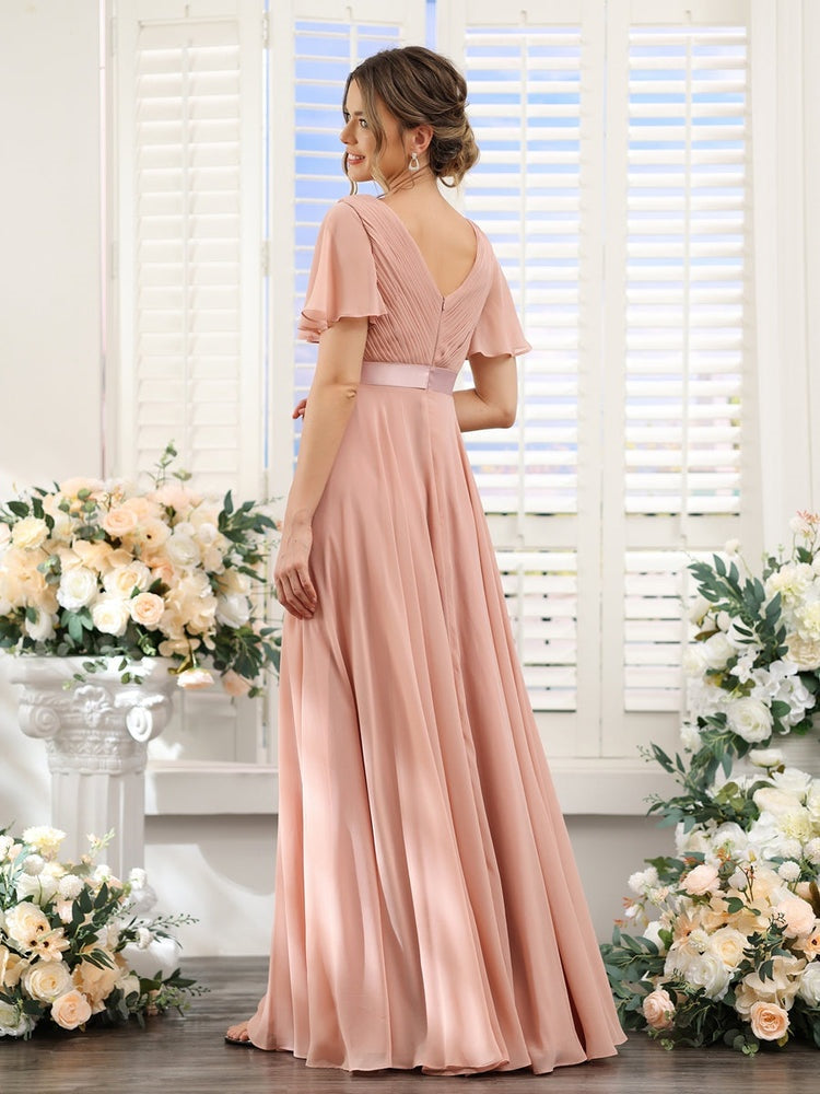 A-Line/Princess V-Neck Short Sleeves Chiffon Bridesmaid Dresses with Pockets