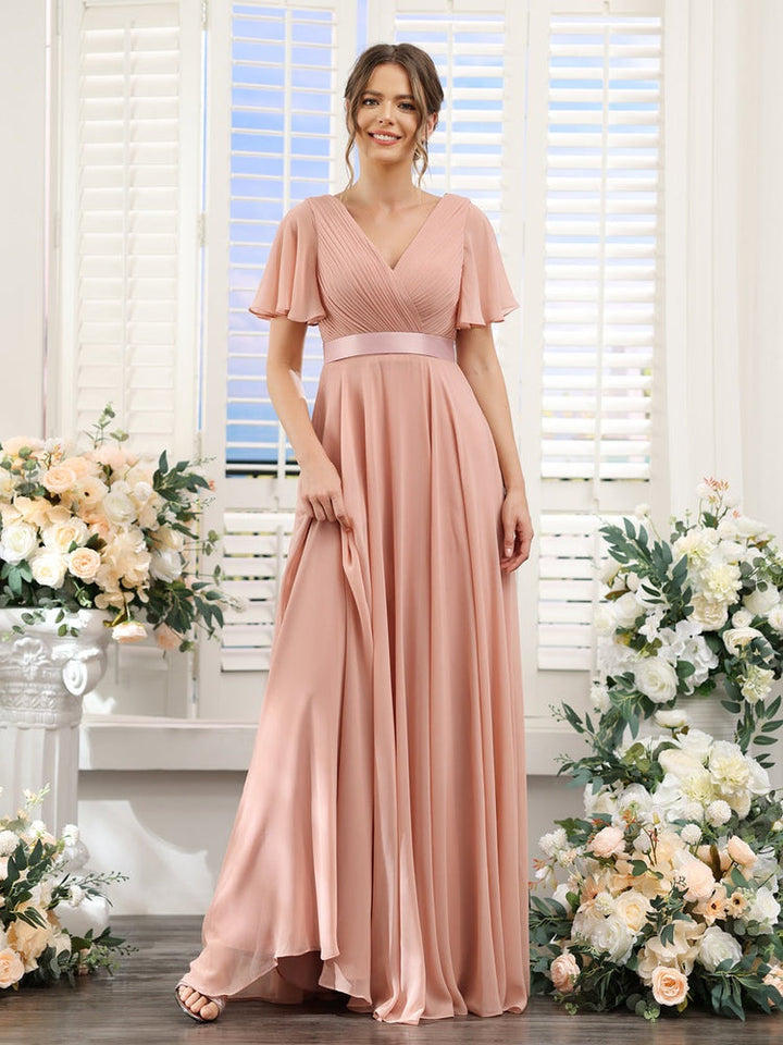 A-Line/Princess V-Neck Short Sleeves Chiffon Bridesmaid Dresses with Pockets