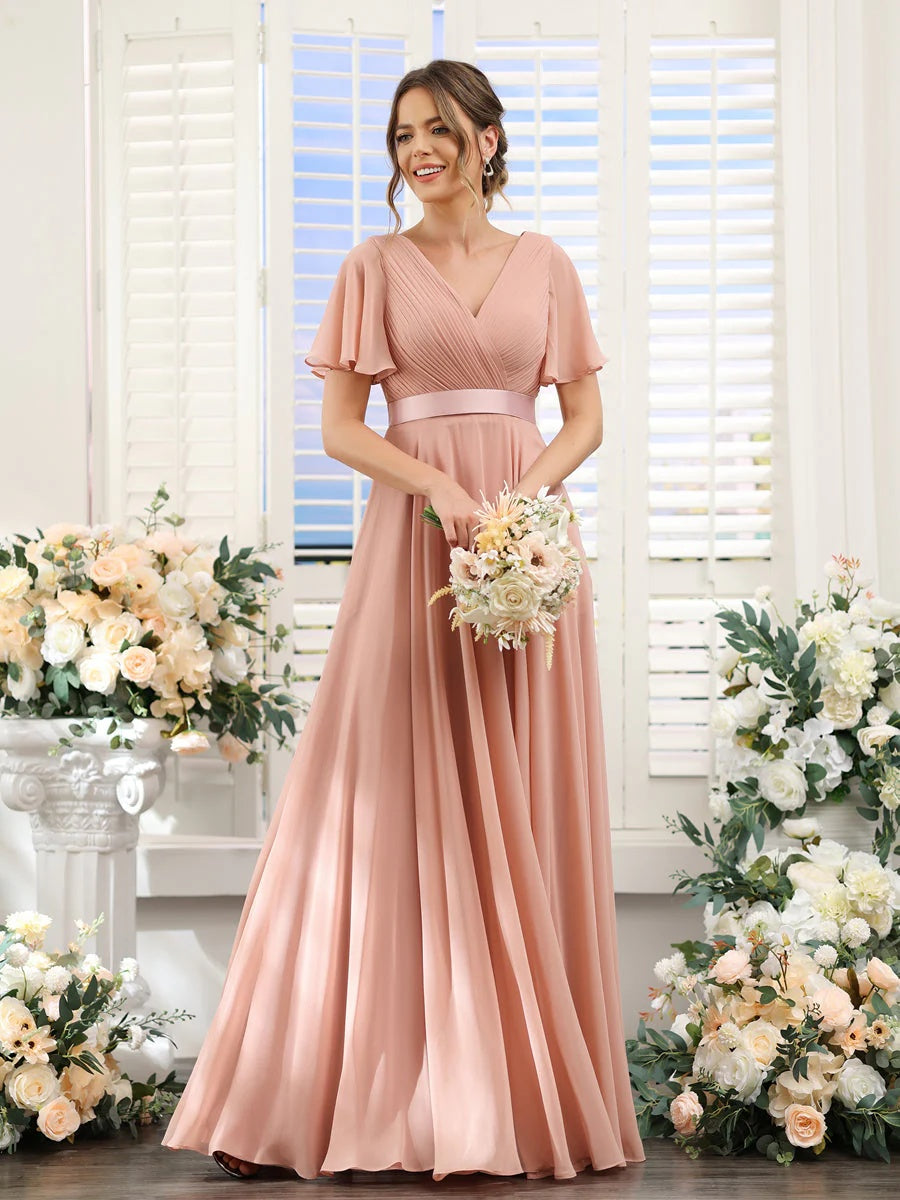 A-Line/Princess V-Neck Short Sleeves Chiffon Bridesmaid Dresses with Pockets