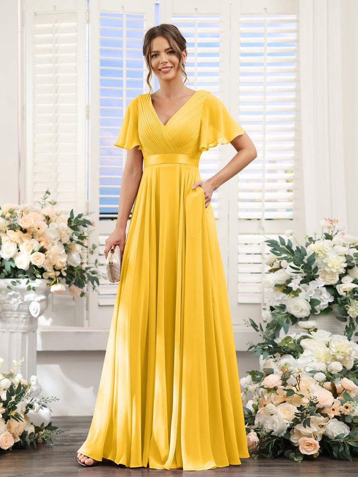 A-Line/Princess V-Neck Short Sleeves Chiffon Bridesmaid Dresses with Pockets