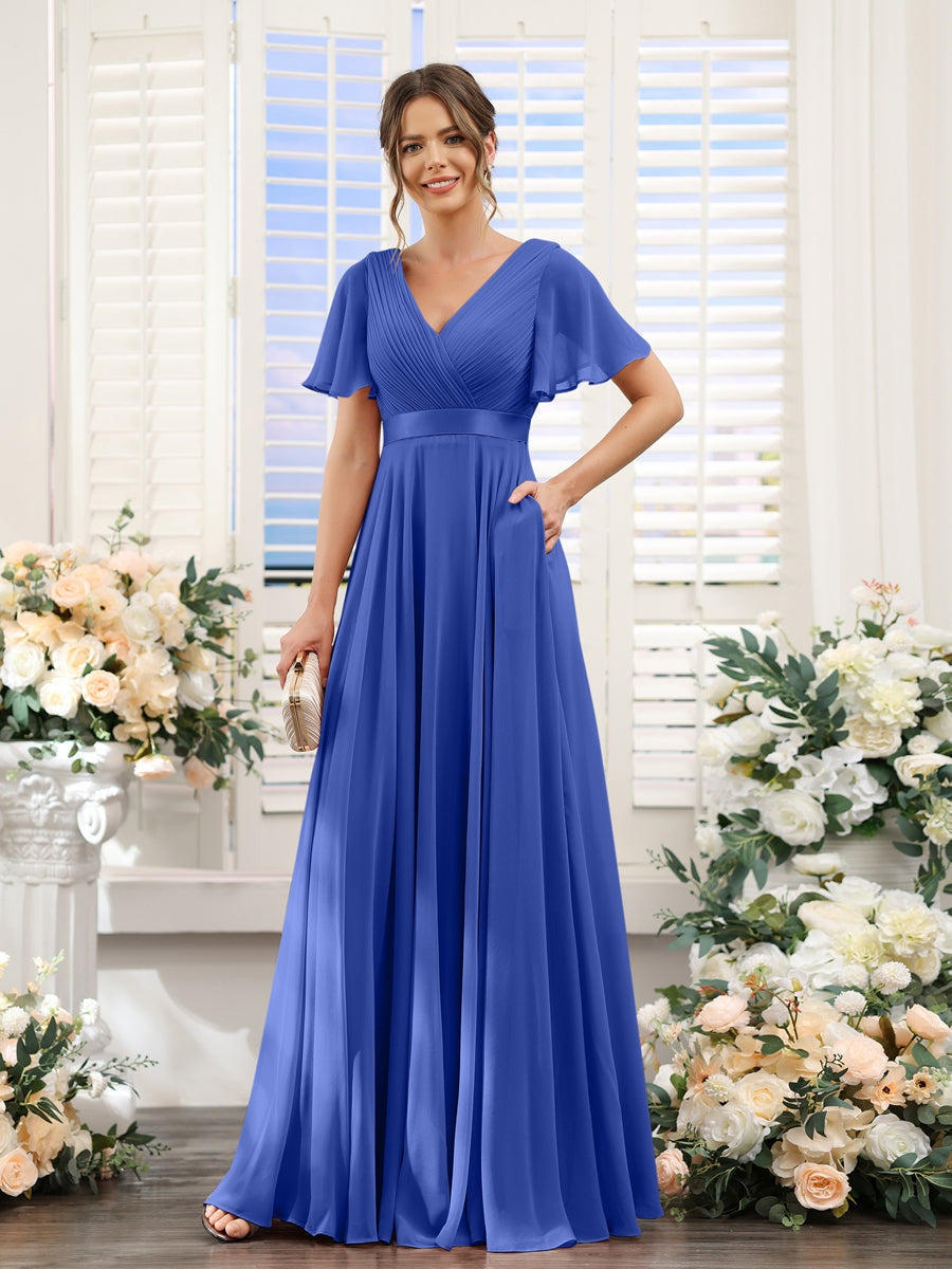 A-Line/Princess V-Neck Short Sleeves Chiffon Bridesmaid Dresses with Pockets