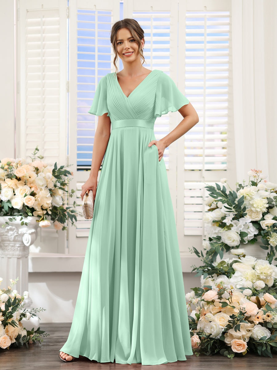 short sleeve chiffon bridesmaid dress Wedtrend Women A Line V Neck Short Sleeves Floor Length Chiffon Bridesmaid Dress Formal Dress, Dusty Blue