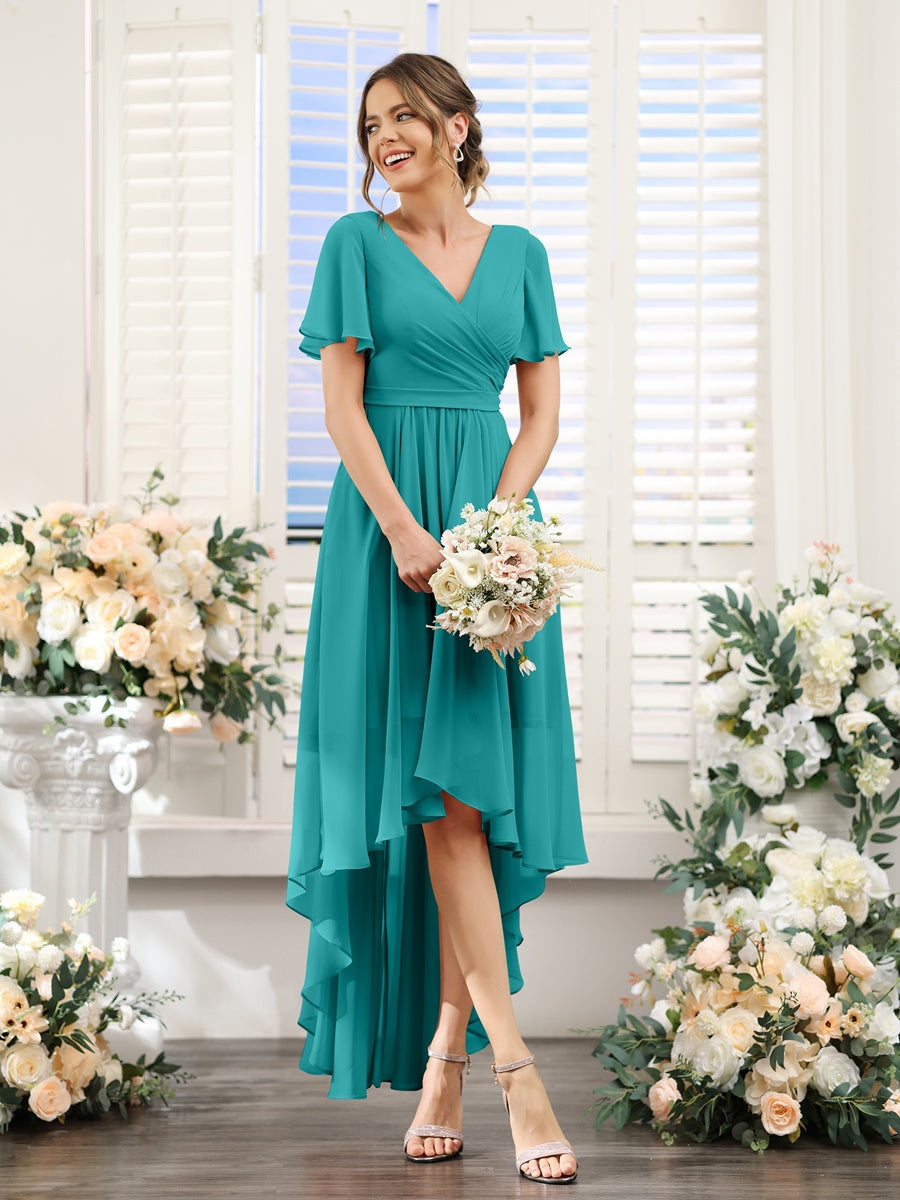 A-Line/Princess V-Neck Short Sleeves Asymmetrical Chiffon Bridesmaid Dresses with Ruched Aqua Blue