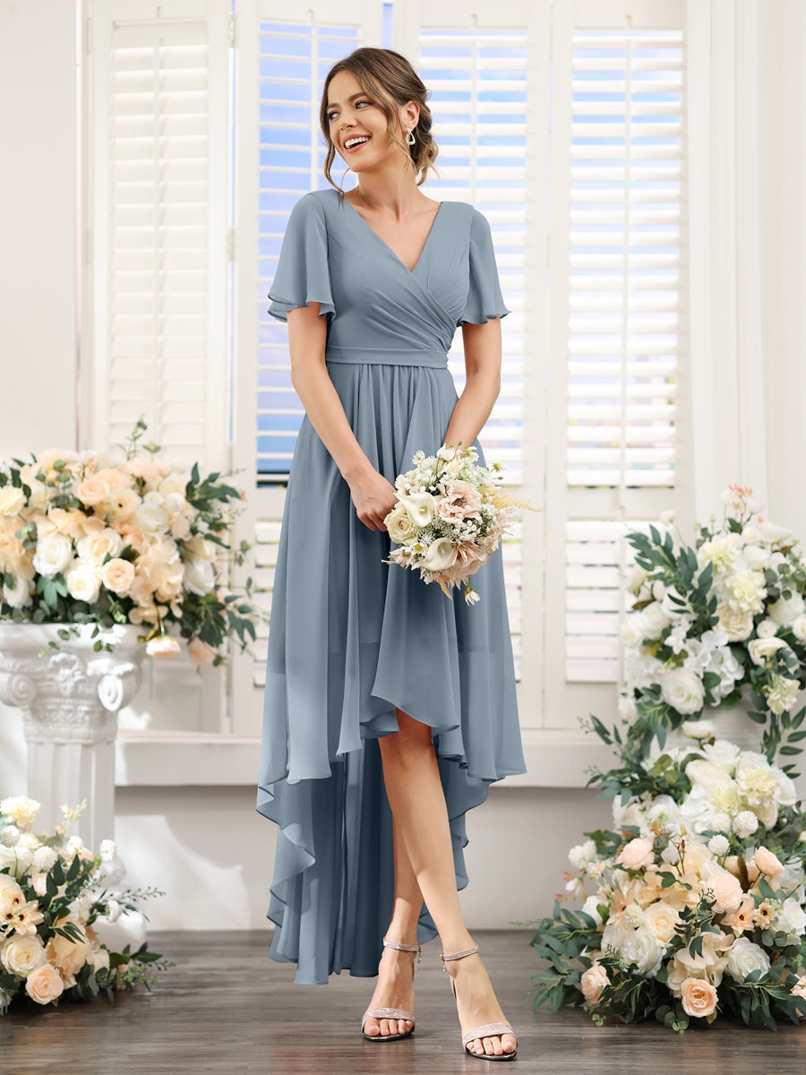 A-Line/Princess V-Neck Short Sleeves Asymmetrical Chiffon Bridesmaid Dresses with Ruched