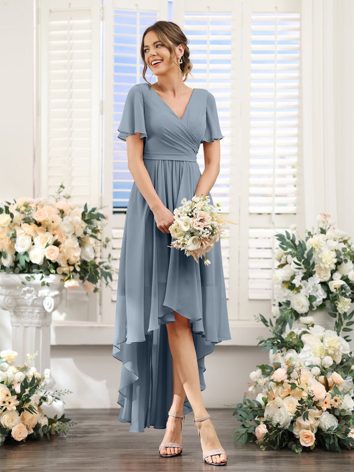 A-Line/Princess V-Neck Short Sleeves Asymmetrical Chiffon Bridesmaid Dresses with Ruched