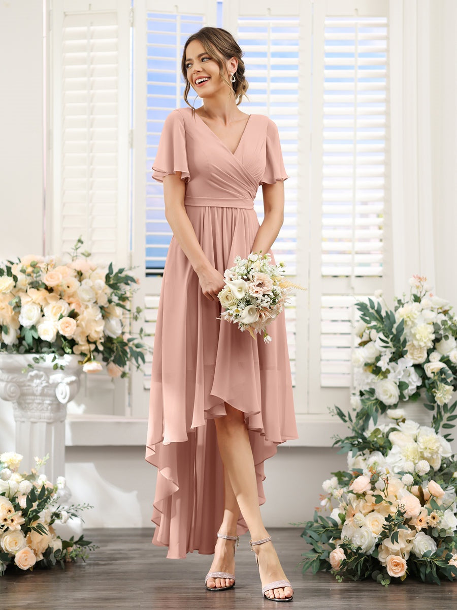 dusty rose bridesmaid dresses short BABARONI BABARONI Chiffon Papaya Bridesmaid Dresses V-neck Floor-length Spaghetti Straps Sash with Slit A-line, Papaya / US18