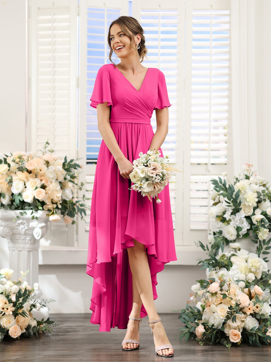 A-Line/Princess V-Neck Short Sleeves Asymmetrical Chiffon Bridesmaid Dresses with Ruched