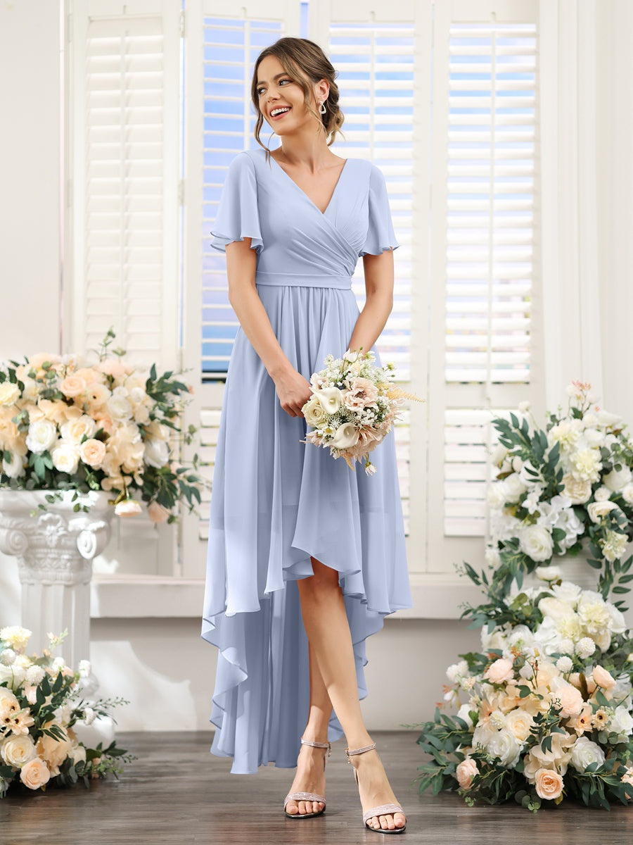 a-line v-neck asymmetrical chiffon bridesmaid dress Moss 2026 Bridesmaid Dress High-low A-line Chiffon V-neck