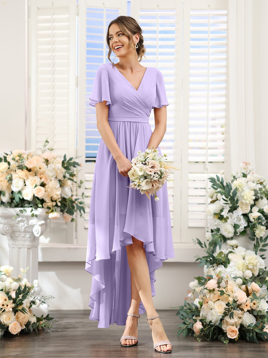 a-line v-neck asymmetrical chiffon bridesmaid dress with ruffle Bridesmaid Dress Dusty Sage A-line Chiffon Floor-Length
