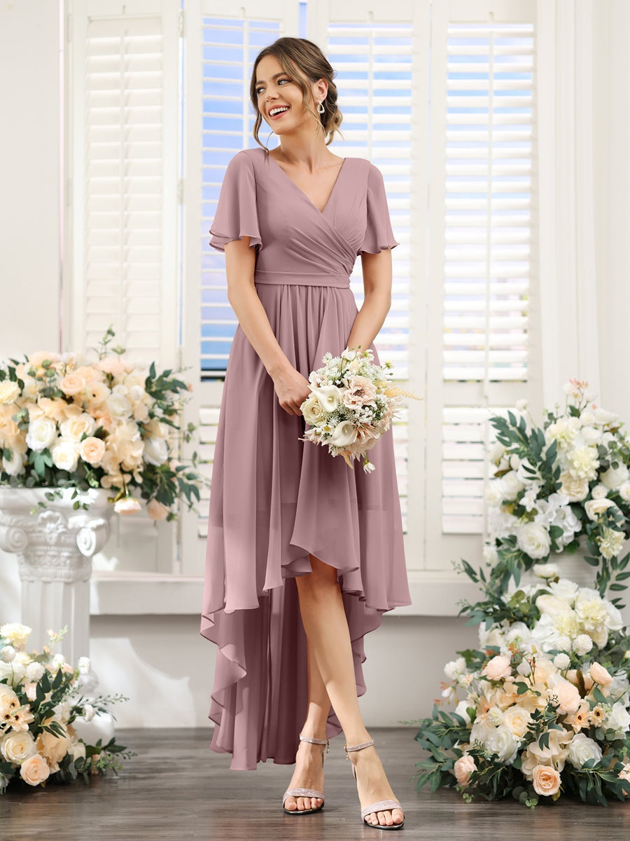 shorts sleeve bridesmaid dress Line Short Sleeve Bridesmaids Dresses 2026 Bridesmaid Dresses Women's Elegant A-Line V-Neck Flutter Sleeves