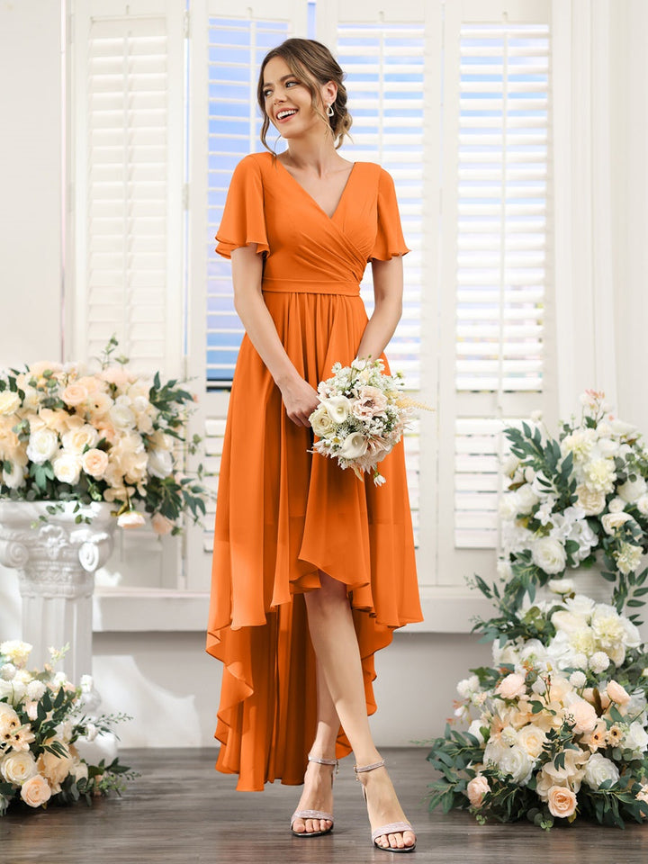 A-Line/Princess V-Neck Short Sleeves Asymmetrical Chiffon Bridesmaid Dresses with Ruched