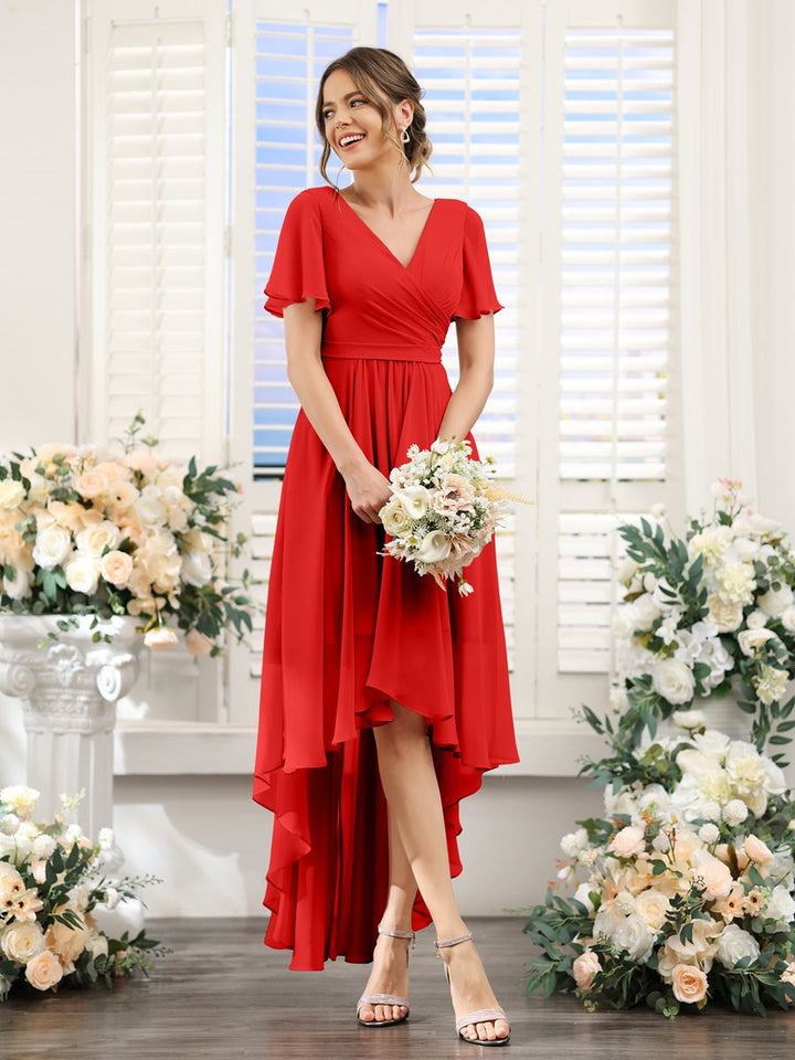 A-Line/Princess V-Neck Short Sleeves Asymmetrical Chiffon Bridesmaid Dresses with Ruched