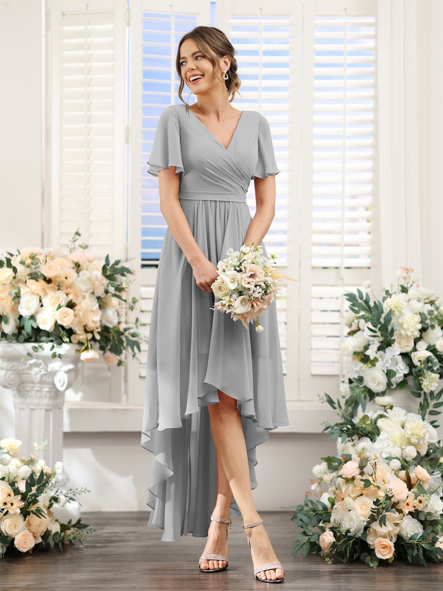 A-Line/Princess V-Neck Short Sleeves Asymmetrical Chiffon Bridesmaid Dresses with Ruched