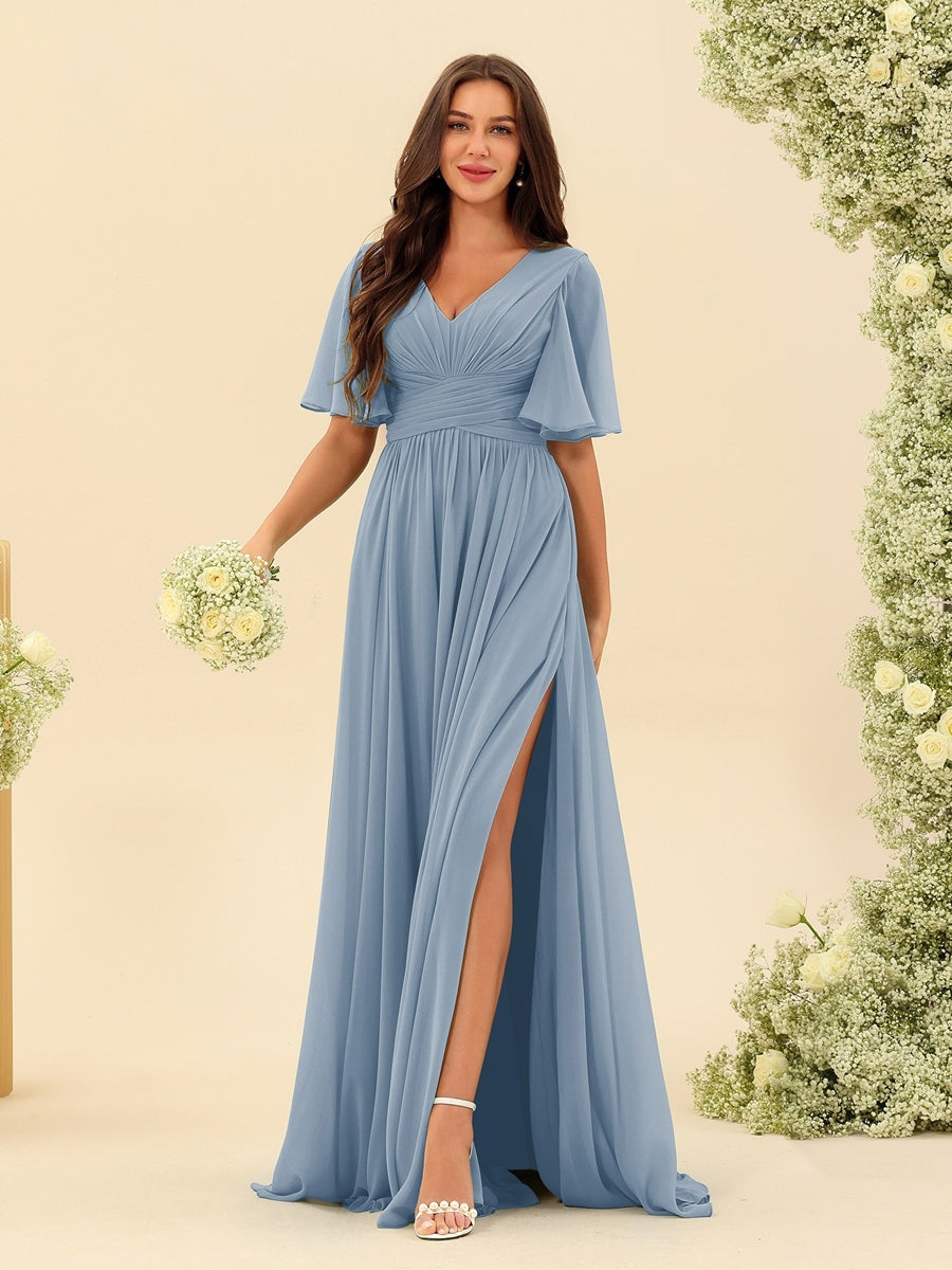 A-Line/Princess V-Neck Half Sleeves Chiffon Bridesmaid Dresses With Pockets & Split Side Gray
