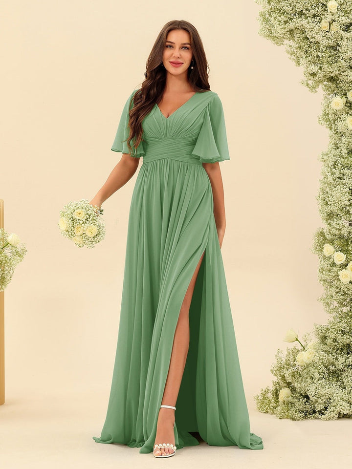 A-Line/Princess V-Neck Half Sleeves Chiffon Bridesmaid Dresses With Pockets & Split Side