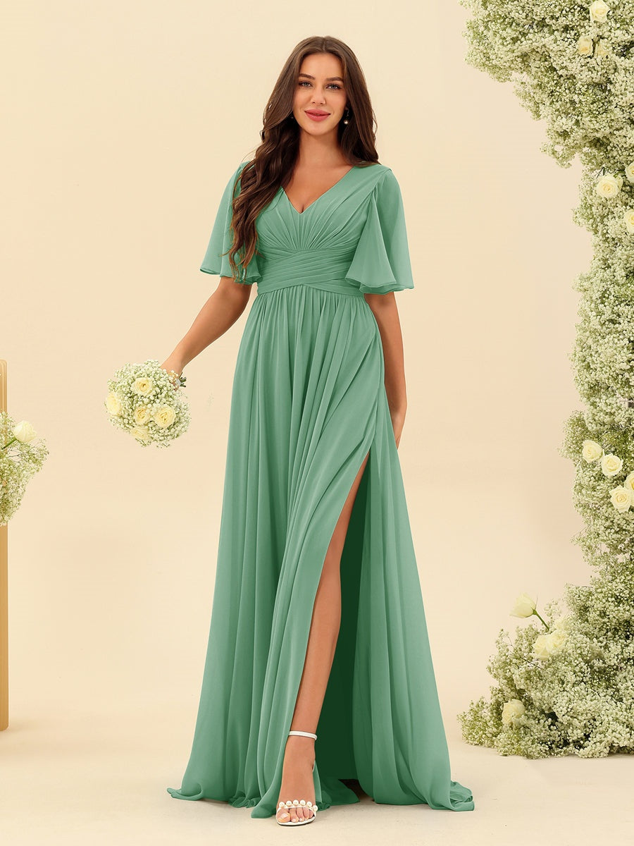 A-Line/Princess V-Neck Half Sleeves Chiffon Bridesmaid Dresses