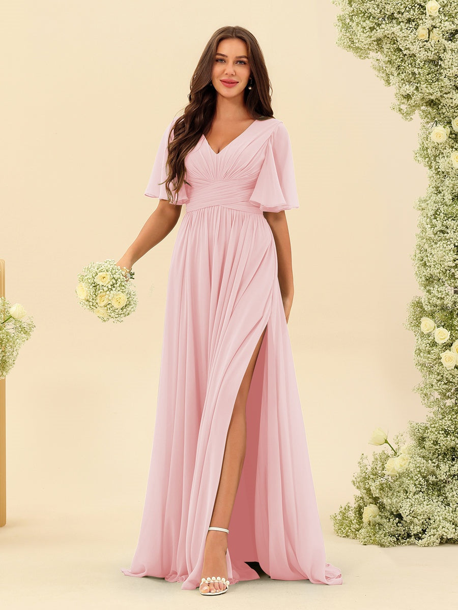 Bridesmaid Dresses 2026 Chiffon A-Line V-Neck Flutter Sleeves Floor-Length Formal Evening Gowns with Pocket & Split Side, As Picture Bridesmaid Dresses 2026 Chiffon A-Line V-Neck Flutter Sleeves Floor-Length Formal Evening Gowns with Pocket & Split Side, As Picture