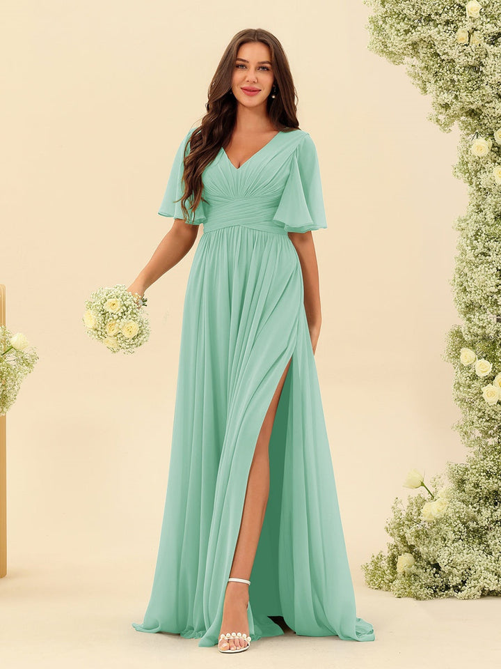 A-Line/Princess V-Neck Half Sleeves Chiffon Bridesmaid Dresses With Pockets & Split Side