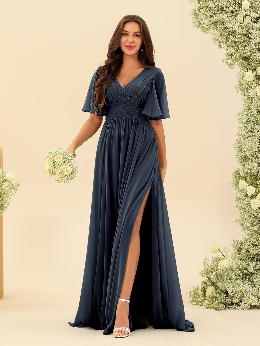 A-Line/Princess V-Neck Half Sleeves Chiffon Bridesmaid Dresses With Pockets & Split Side Navy Blue