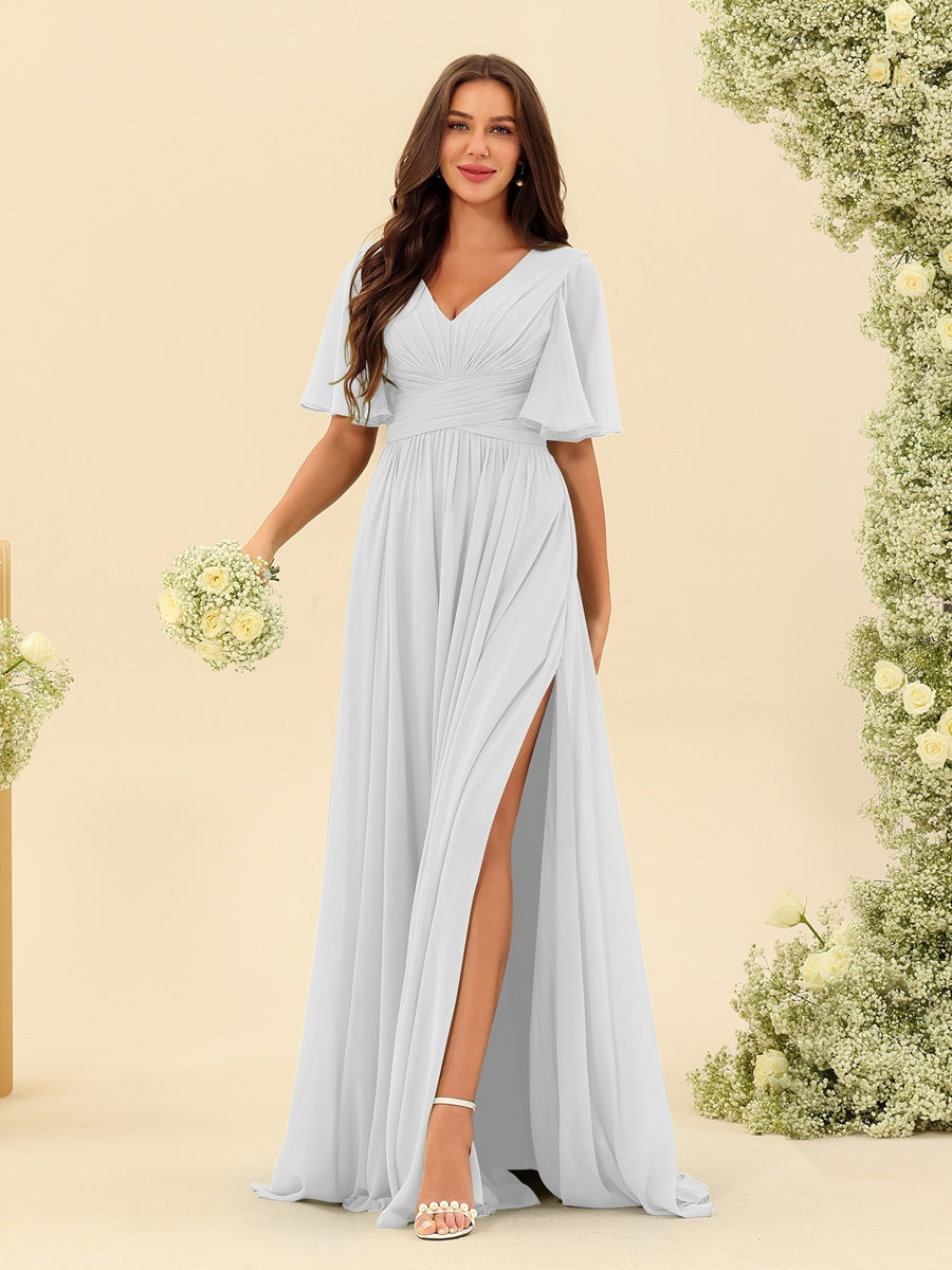 A-Line/Princess V-Neck Half Sleeves Chiffon Bridesmaid Dresses With Pockets & Split Side Off White