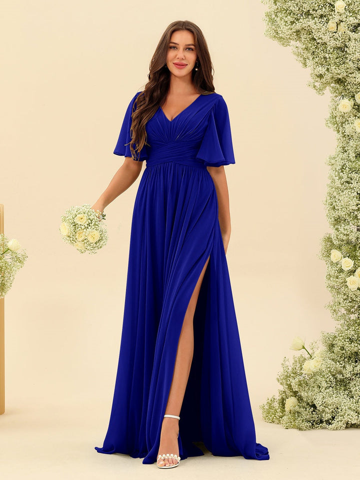 A-Line/Princess V-Neck Half Sleeves Chiffon Bridesmaid Dresses With Pockets & Split Side