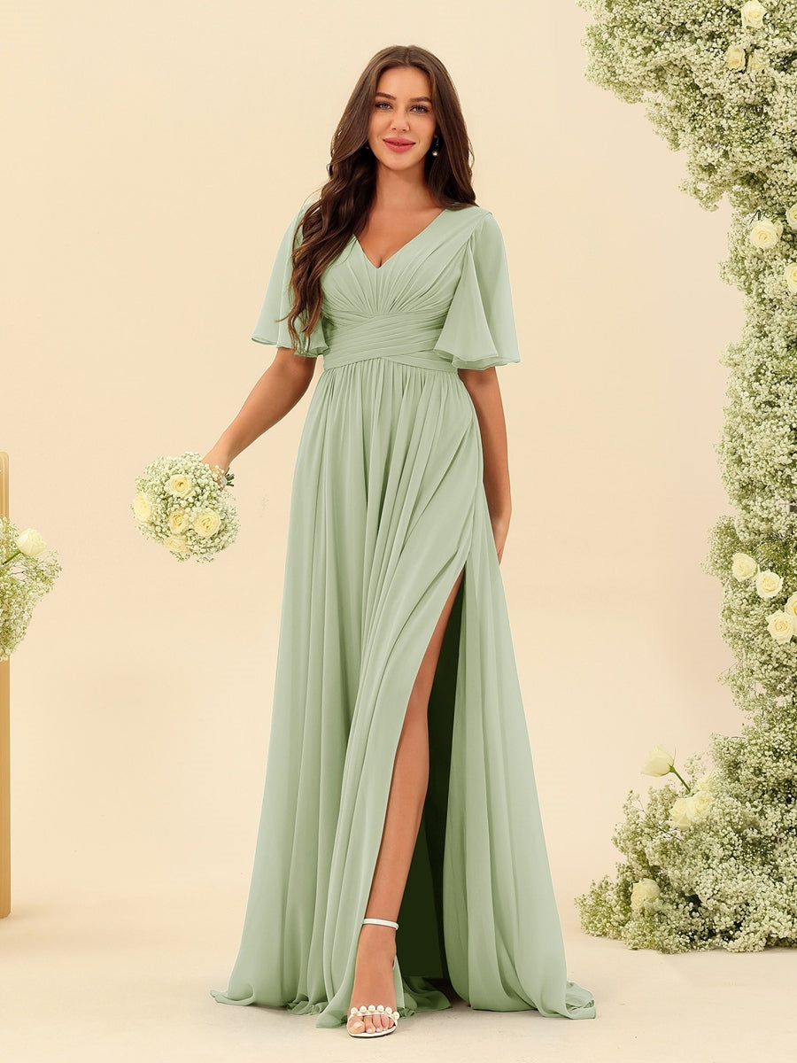 A-Line/Princess V-Neck Half Sleeves Chiffon Bridesmaid Dresses With Pockets & Split Side Sage