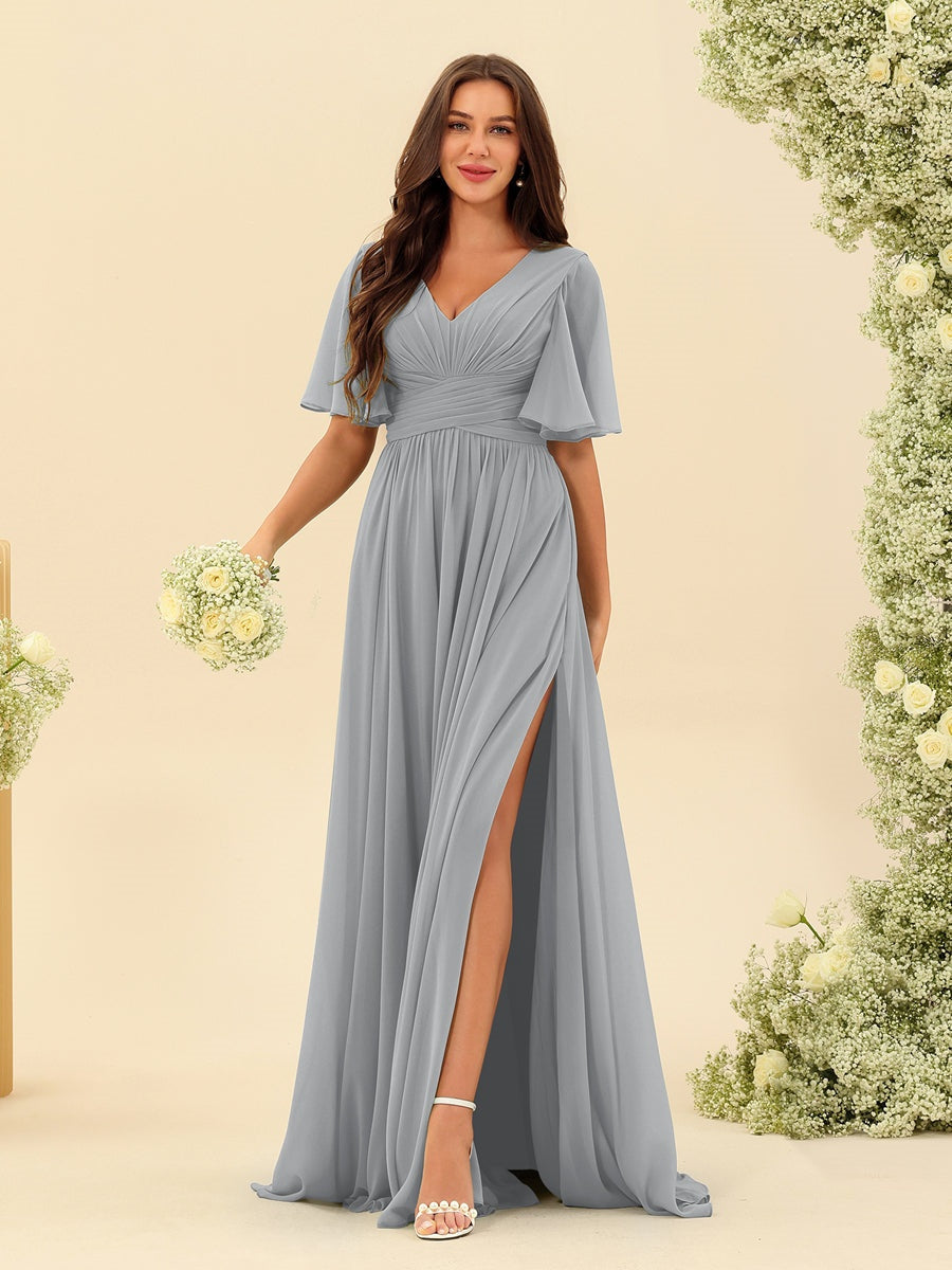 A-Line/Princess V-Neck Half Sleeves Chiffon Bridesmaid Dresses With Pockets & Split Side Silver