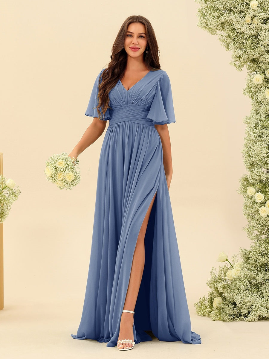 A-Line/Princess V-Neck Half Sleeves Chiffon Bridesmaid Dresses With Pockets & Split Side Steel Blue