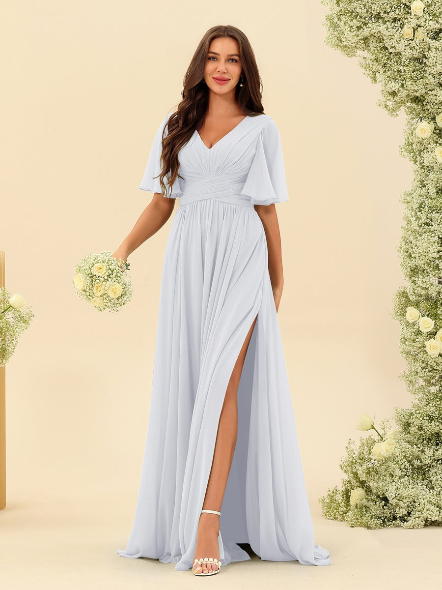 A-Line/Princess V-Neck Half Sleeves Chiffon Bridesmaid Dresses With Pockets & Split Side