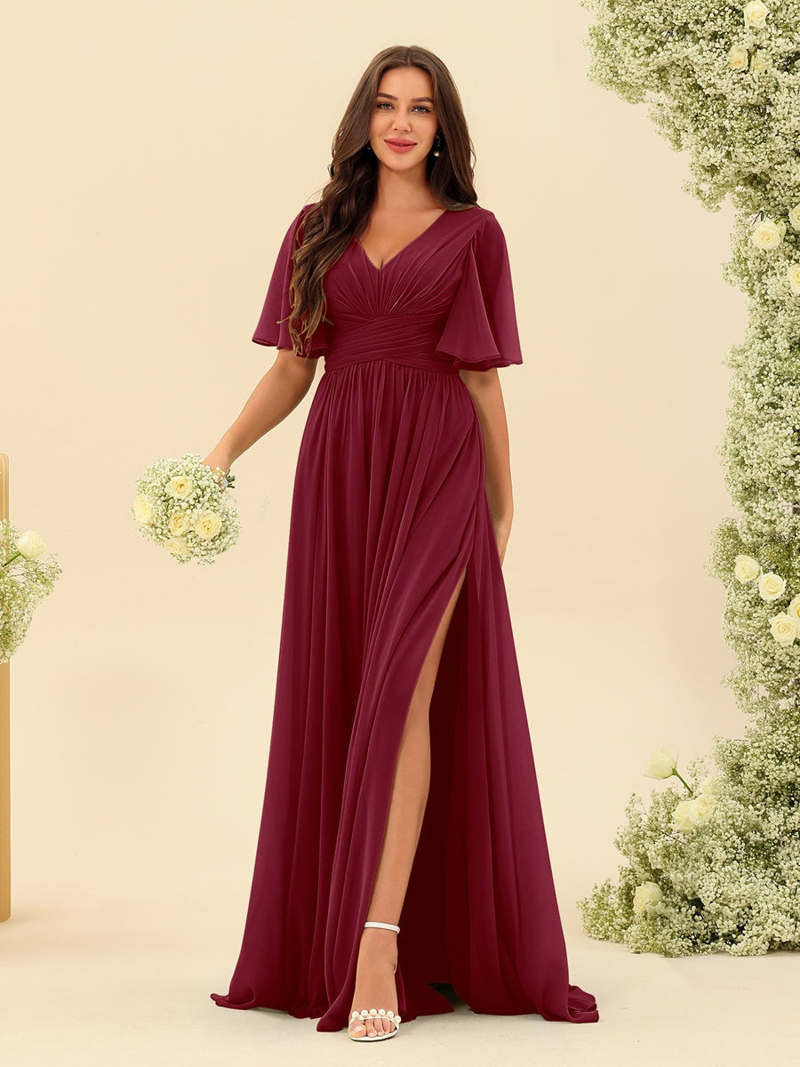 A-Line/Princess V-Neck Half Sleeves Chiffon Bridesmaid Dresses With Pockets & Split Side