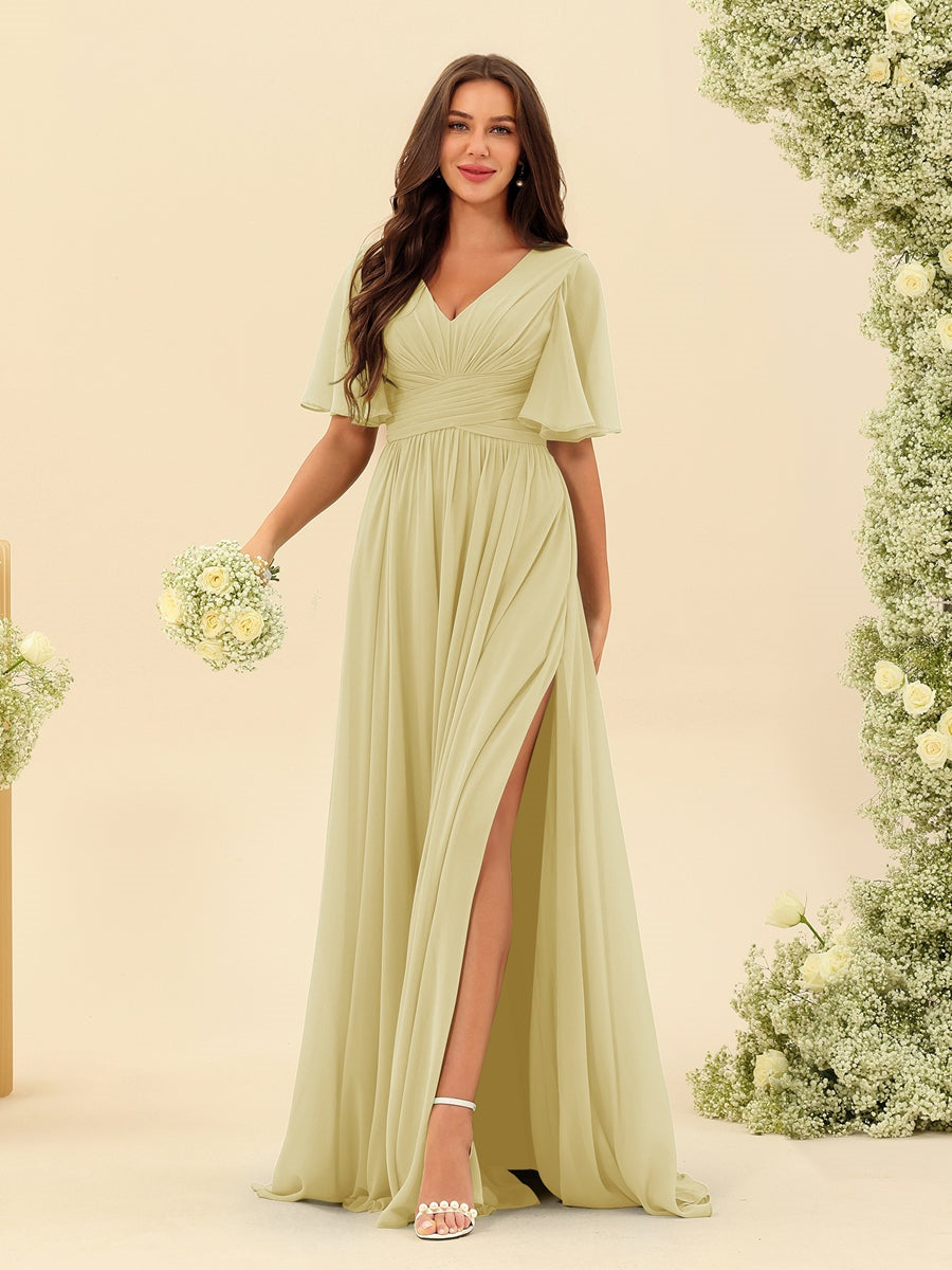 A-Line/Princess V-Neck Half Sleeves Chiffon Bridesmaid Dresses With Pockets & Split Side Yellow
