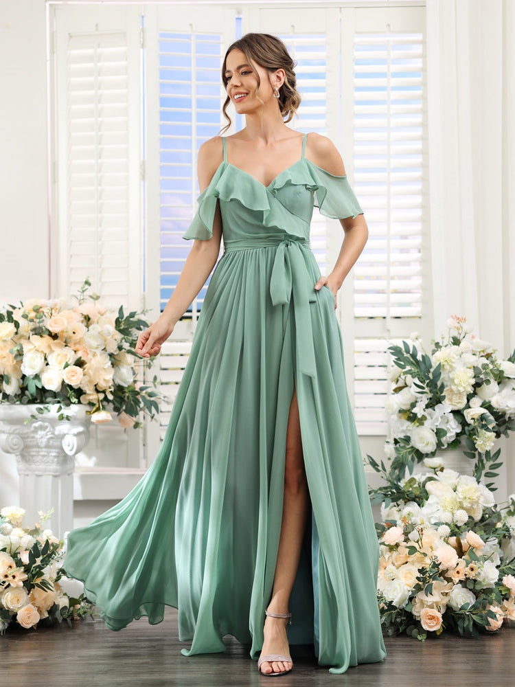 A-Line/Princess V-Neck Spaghetti Straps Floor-Length Bridesmaid Dresses with Pockets