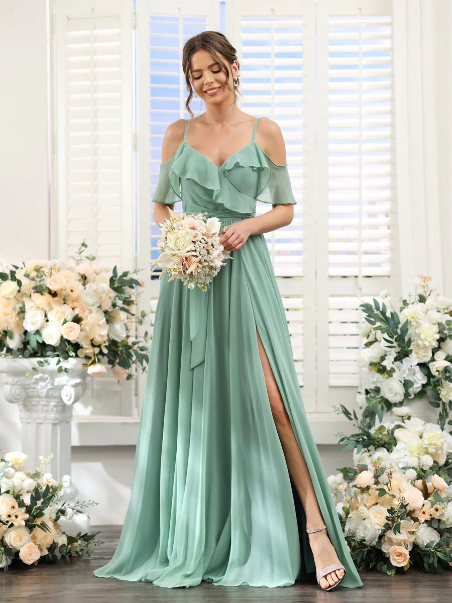 A-Line/Princess V-Neck Spaghetti Straps Floor-Length Bridesmaid Dresses with Pockets