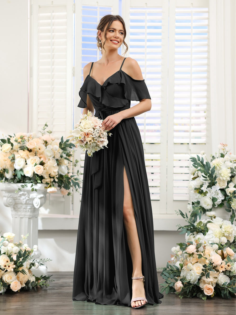 A-Line/Princess V-Neck Spaghetti Straps Floor-Length Bridesmaid Dresses with Pockets