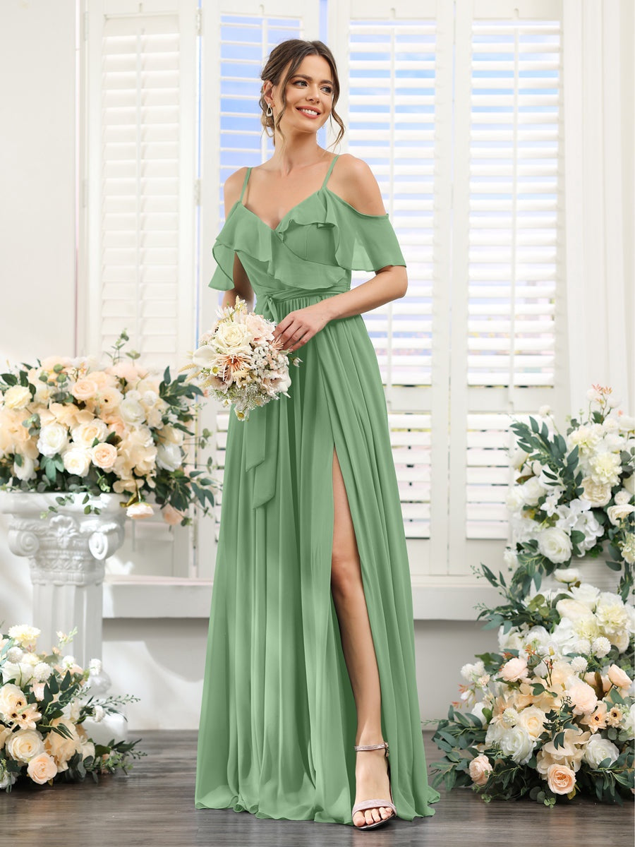 A-Line/Princess V-Neck Spaghetti Straps Floor-Length Bridesmaid Dresses with Pockets