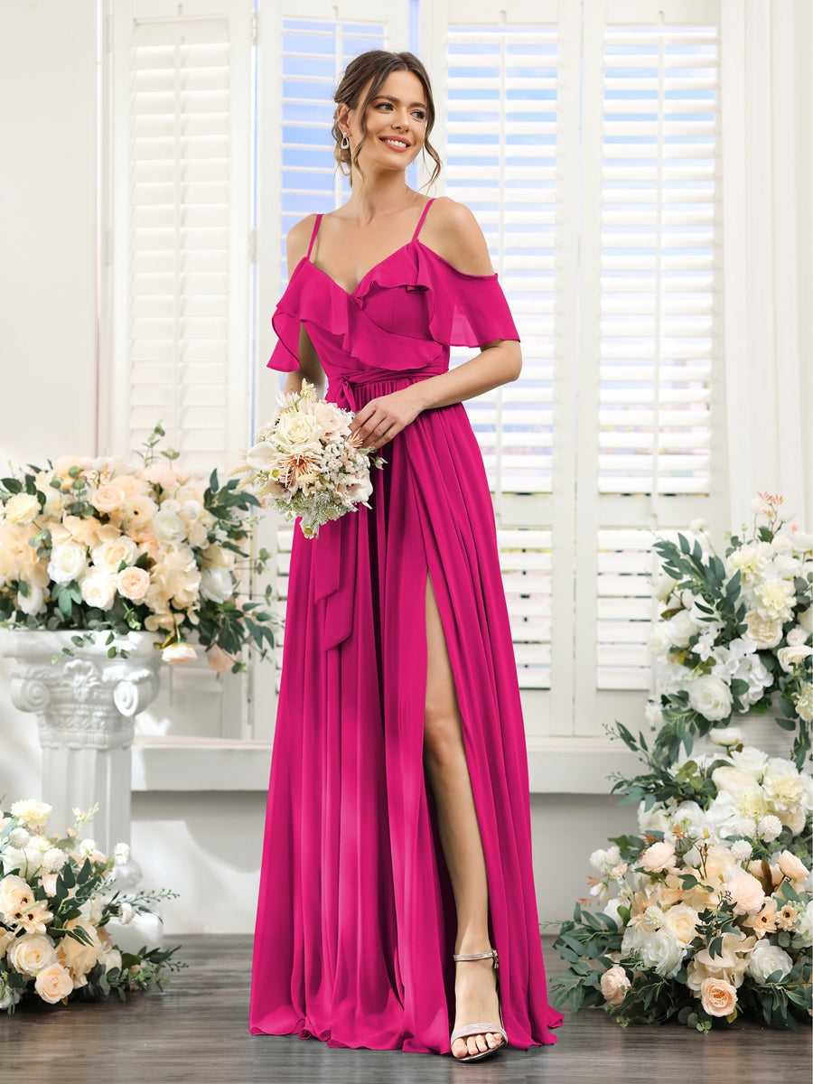 A-Line/Princess V-Neck Spaghetti Straps Floor-Length Bridesmaid Dresses with Pockets