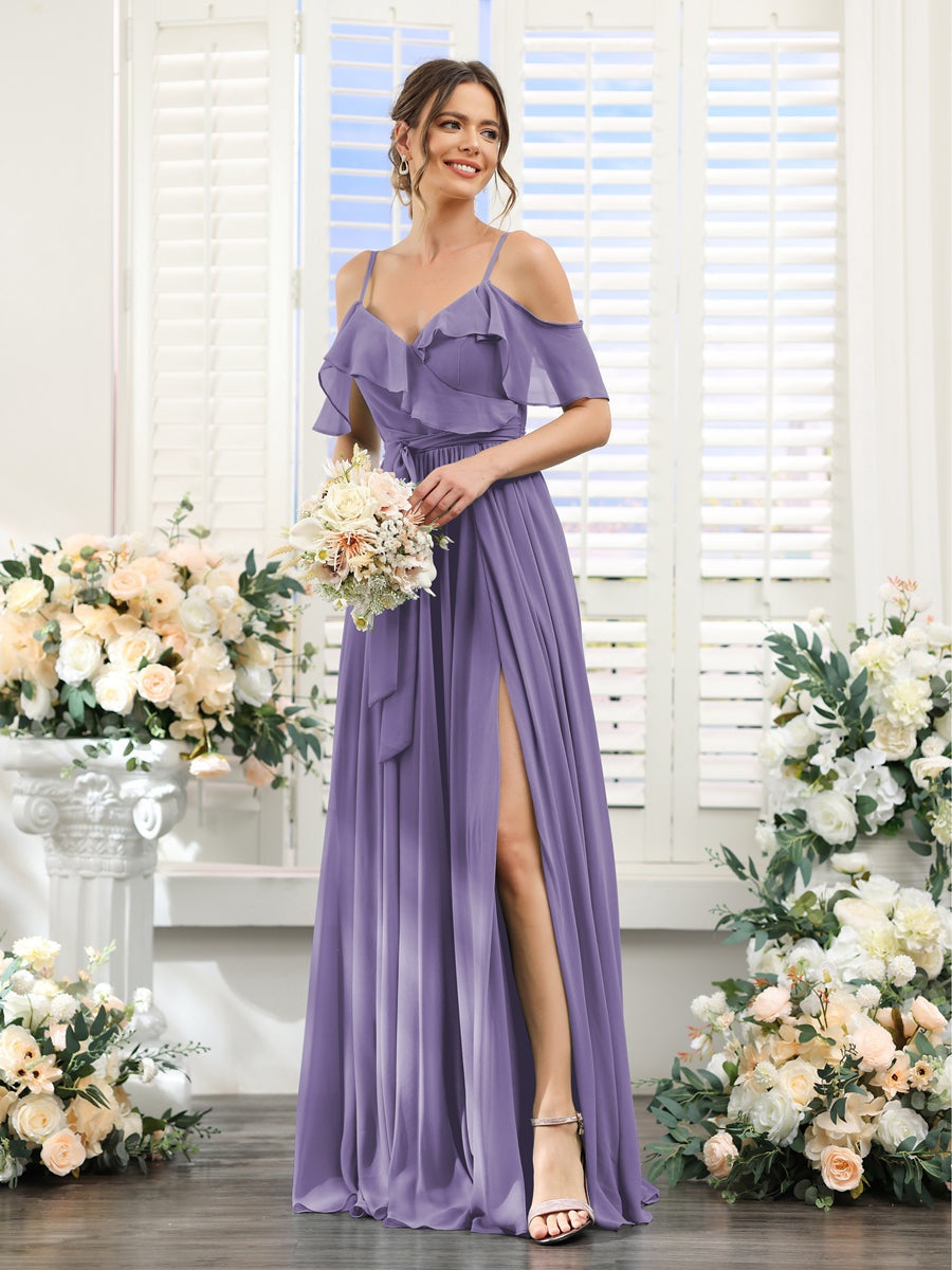 A-Line/Princess V-Neck Spaghetti Straps Floor-Length Bridesmaid Dresses with Pockets