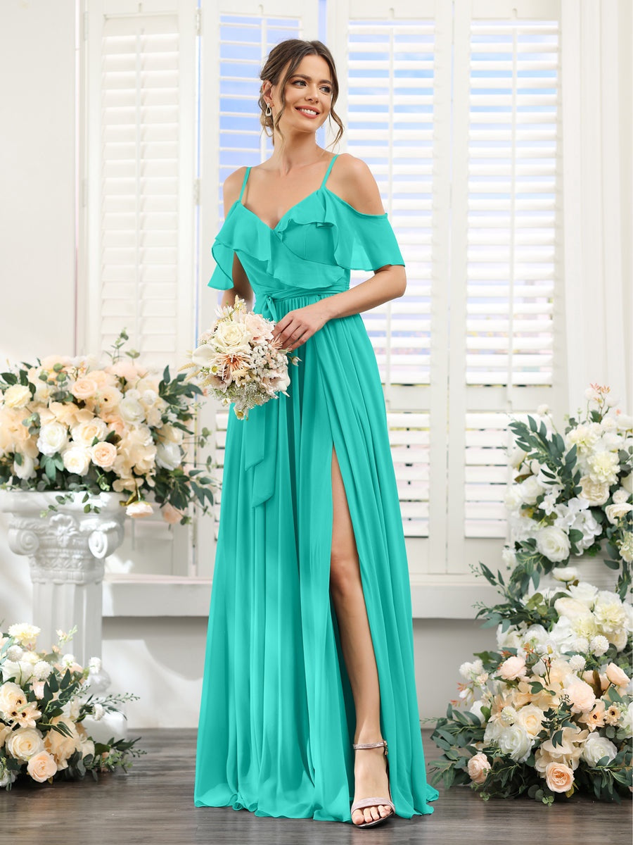 A-Line/Princess V-Neck Spaghetti Straps Floor-Length Bridesmaid Dresses with Pockets