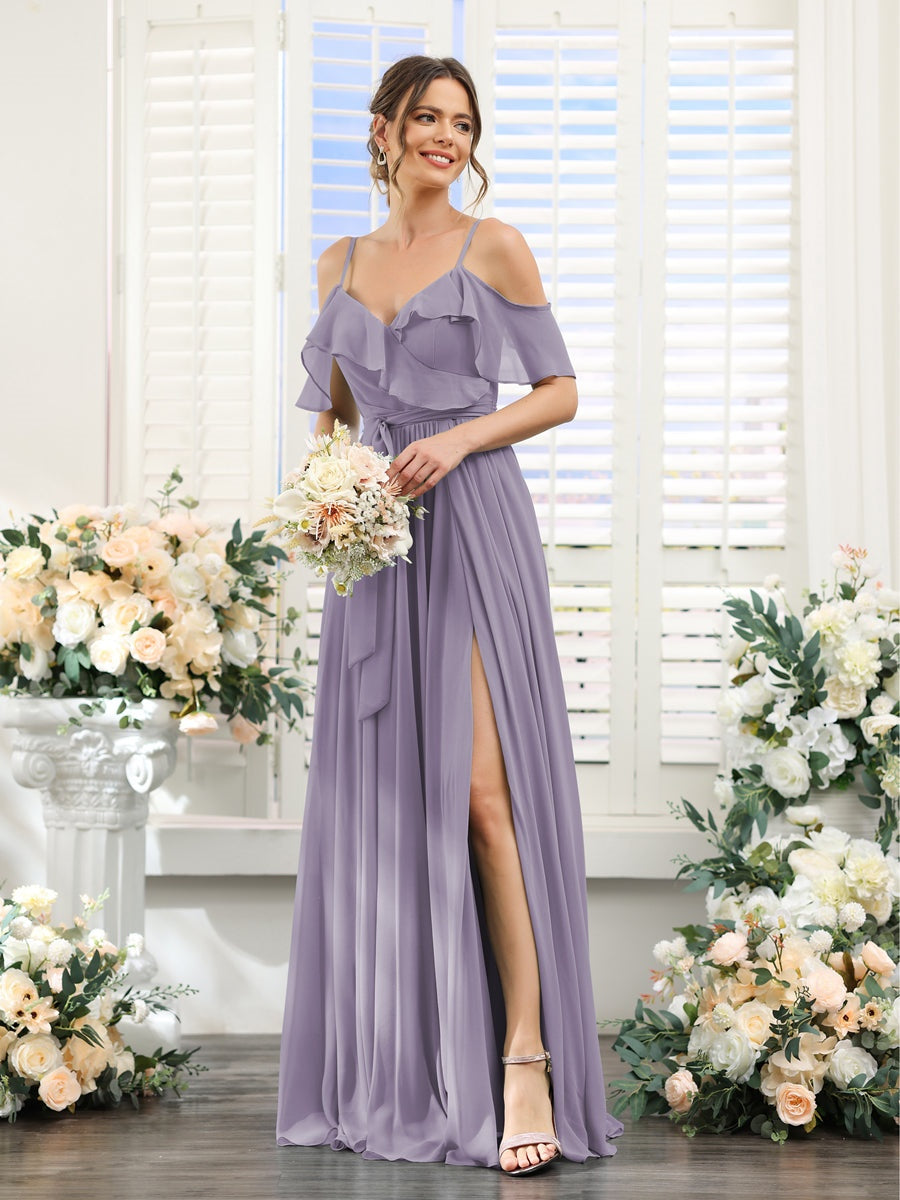 Bridesmaid Dresses Chiffon Women's A-Line Spaghetti Straps Floor-Length Formal Evening Gowns with Ruffles & Split Side & Belt, As Picture Bridesmaid Dresses Chiffon Women's A-Line Spaghetti Straps Floor-Length Formal Evening Gowns with Ruffles & Split Side & Belt, As Picture