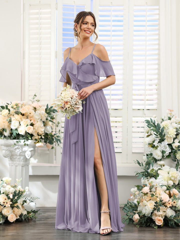 A-Line/Princess V-Neck Spaghetti Straps Floor-Length Bridesmaid Dresses with Pockets