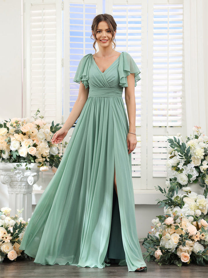 A-Line/Princess V-Neck Short Sleeves Chiffon Bridesmaid Dresses with Split Side & Pockets