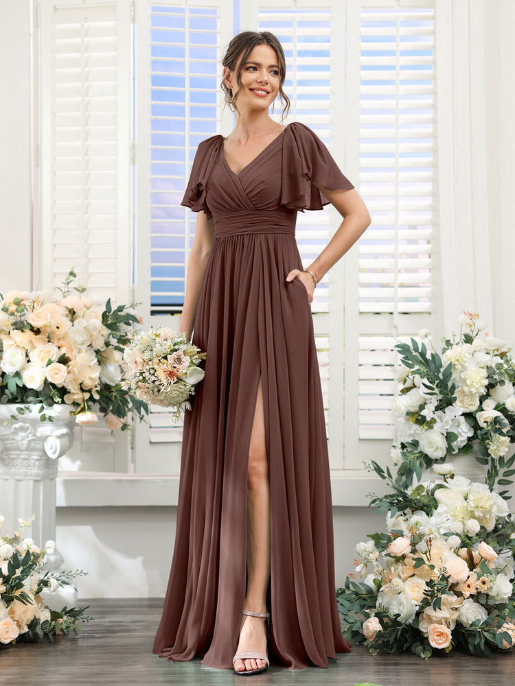 A-Line/Princess V-Neck Short Sleeves Chiffon Bridesmaid Dresses with Split Side & Pockets