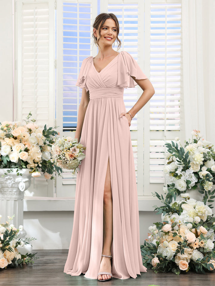 A-Line/Princess V-Neck Short Sleeves Chiffon Bridesmaid Dresses with Split Side & Pockets