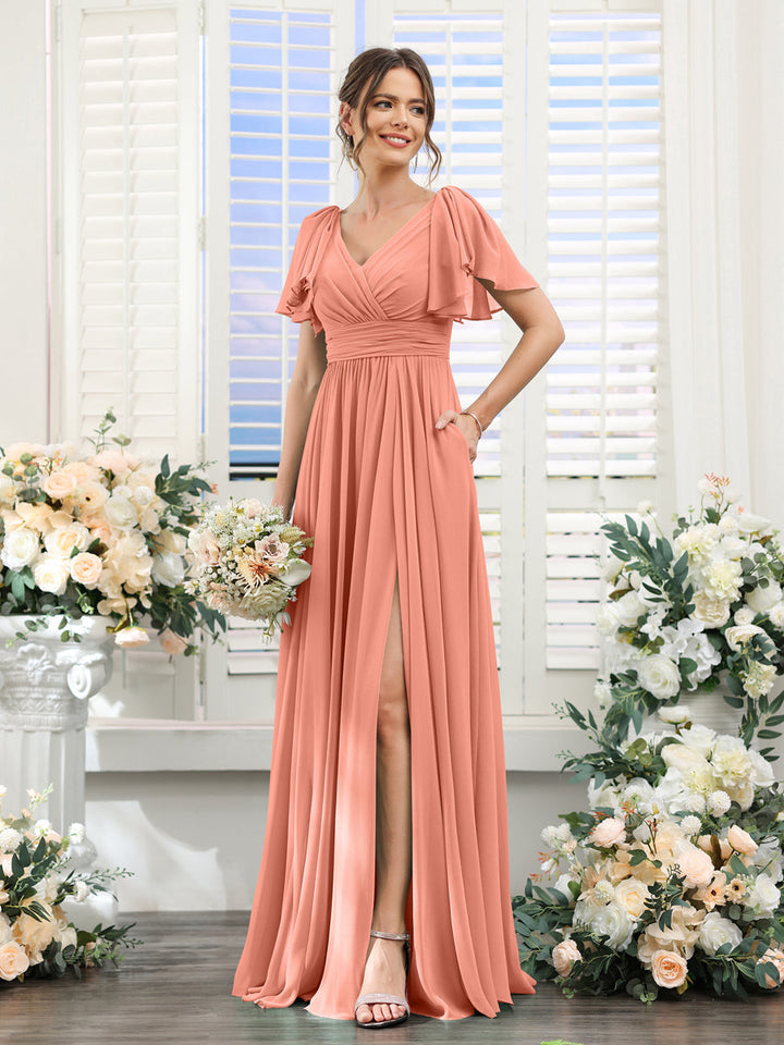 A-Line/Princess V-Neck Short Sleeves Chiffon Bridesmaid Dresses with Split Side & Pockets