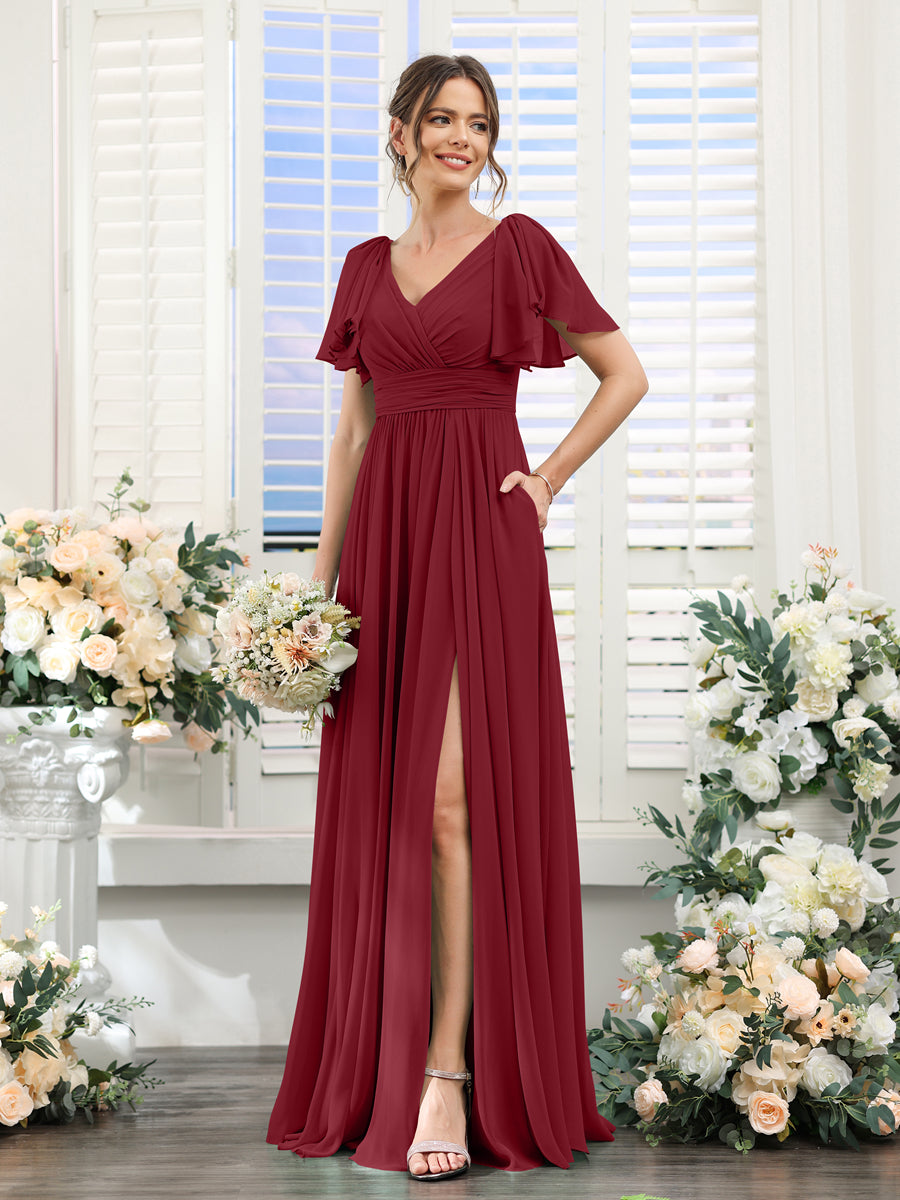 A-Line/Princess V-Neck Short Sleeves Chiffon Bridesmaid Dresses with Split Side & Pockets