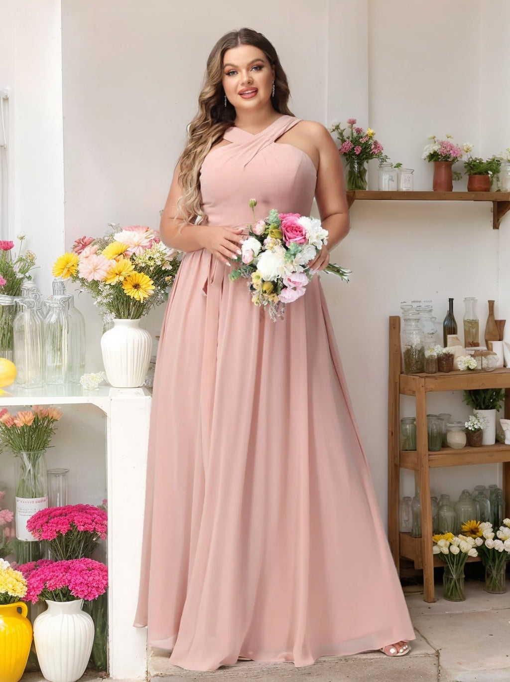 A-Line/Princess/Princess Criss Cross Sleeveless Chiffon Plus Size Bridesmaid Dresses with Sash