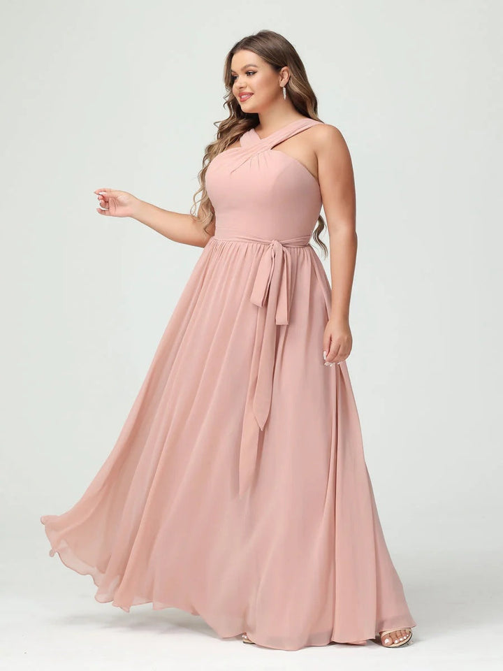 A-Line/Princess/Princess Criss Cross Sleeveless Chiffon Plus Size Bridesmaid Dresses with Sash